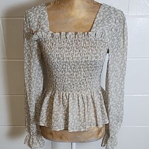 Elegant Feminine Pastel Green Smocked Blouse with Back Detail & Sleeves